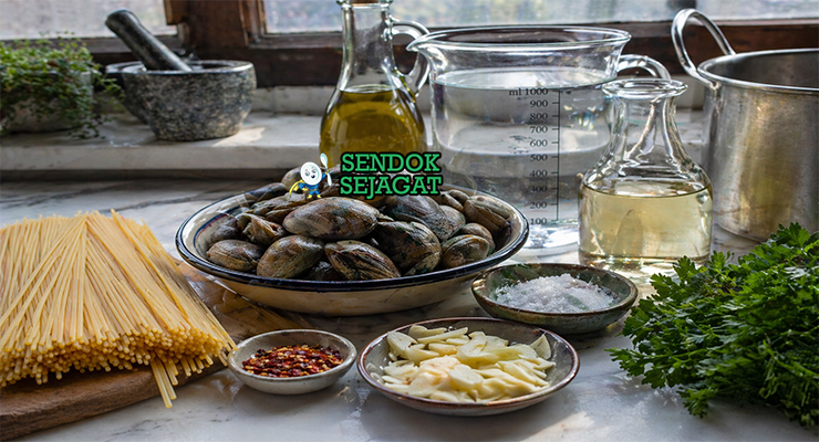 Kerang segar, pasta linguine, bawang putih, minyak zaitun, parsley, dan cabai kering tersusun rapi
