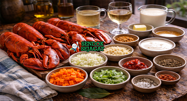 Koleksi bahan resep lobster bisque termasuk lobster segar, cangkang lobster, wortel, seledri, bawang bombay, tomato paste, sherry, cream, dan rempah siap dimasak