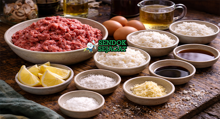 Koleksi bahan resep loco moco termasuk daging sapi cincang, telur, nasi, mentega, tepung, kaldu sapi, dan saus Worcestershire siap dimasak