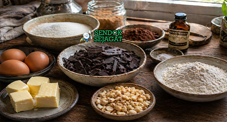 Susunan bahan seperti cokelat batang, mentega, telur, gula, tepung, kakao, dan kacang macadamia dalam wadah rapi