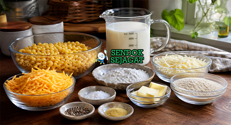 Susunan bahan macaroni and cheese terdiri dari makaroni kering, keju cheddar, susu, mentega, tepung, dan bumbu tersusun rapi di meja dapur