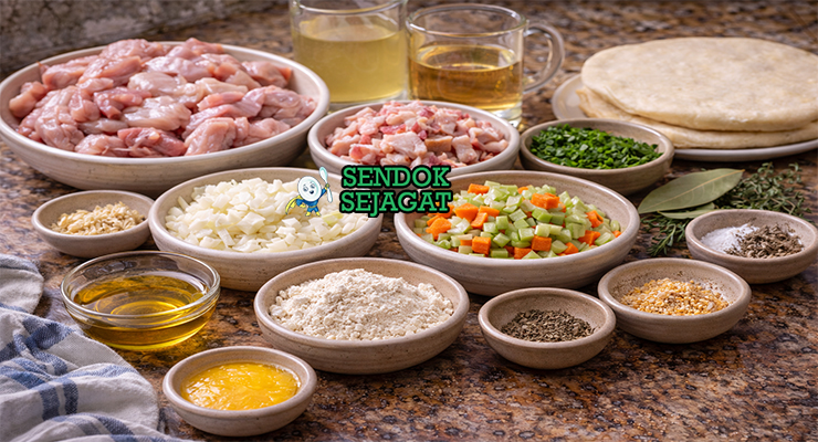 Bahan-bahan resep Macleay Valley Rabbit Pie terdiri dari daging kelinci potong dadu, bacon, wortel, seledri, thyme, shortcrust pastry dan kaldu siap dipanggang di dapur rumah