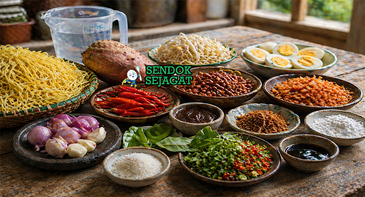 Bahan utama resep mie lendir seperti ubi jalar, kacang tanah, ebi kering, mie kuning, dan rempah-rempah segar di meja dapur