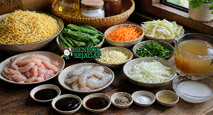 Susunan rapi bahan mie titi seperti mie telur, ayam, udang, sayuran, bawang, dan bumbu dalam wadah terpisah