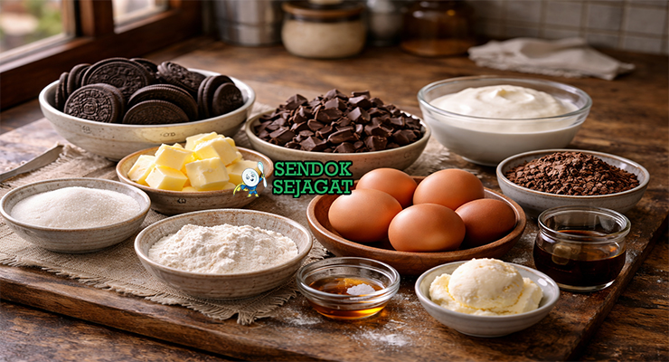 Koleksi bahan resep Mississippi Mud Pie termasuk biskuit Oreo, cokelat hitam, mentega, telur, gula, whipping cream, dan bubuk cokelat siap dimasak