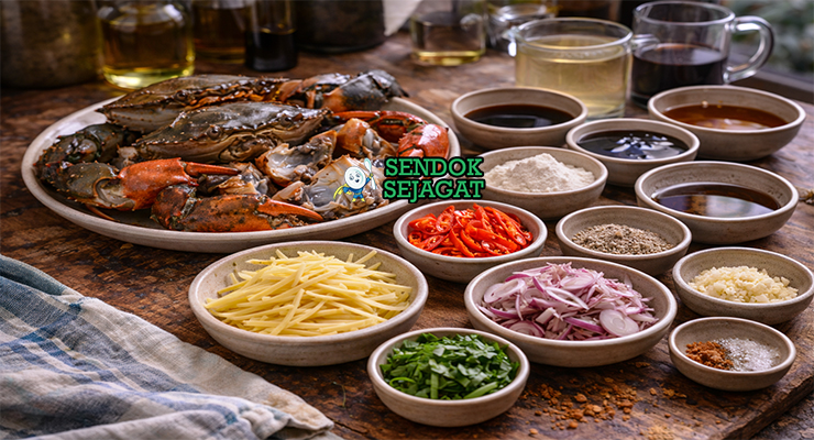Koleksi bahan resep mud crab with ginger and shallot termasuk kepiting lumpur, jahe segar, bawang merah, bawang putih, saus tiram, dan tepung siap dimasak