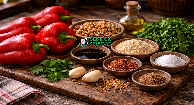 Koleksi bahan resep Muhammara termasuk paprika merah, walnut, pomegranate molasses, olive oil, bawang putih, cumin, dan cabai bubuk siap dipanggang dan dihaluskan