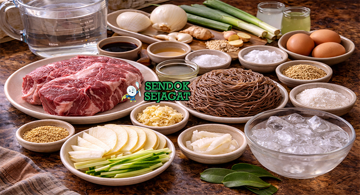 Bahan segar resep mul-naengmyeon seperti mie naengmyeon kering, daging sapi sandung lamur, pir asia, mentimun, lobak daikon, dan bumbu kaldu alami
