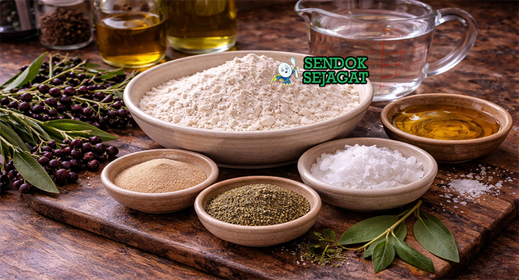 Bahan-bahan resep native pepperberry focaccia tersusun rapi di meja dapur, termasuk tepung terigu, ragi, minyak zaitun, air, dan bubuk daun native pepperberry Australia