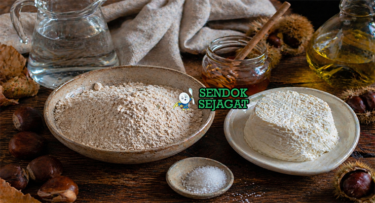 Tepung kastanye, ricotta, susu, telur, dan bahan lain tersusun rapi di meja dapur