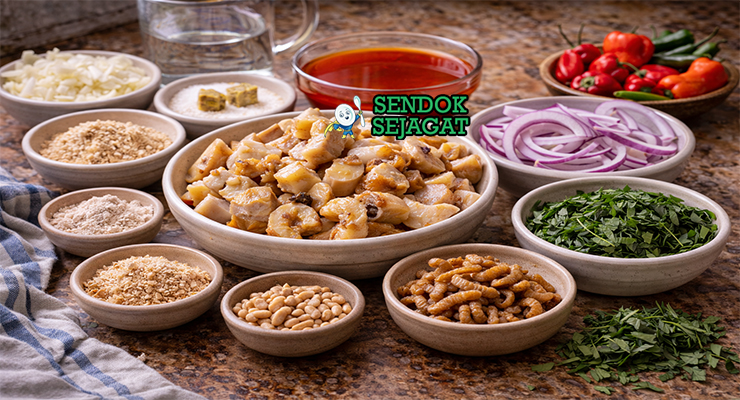 Bahan-bahan resep nkwobi terdiri dari kaki sapi segar, minyak sawit merah, potash makan, udang kering, cabai scotch bonnet, ehuru, ugba dan daun utazi siap dimasak di dapur rumah