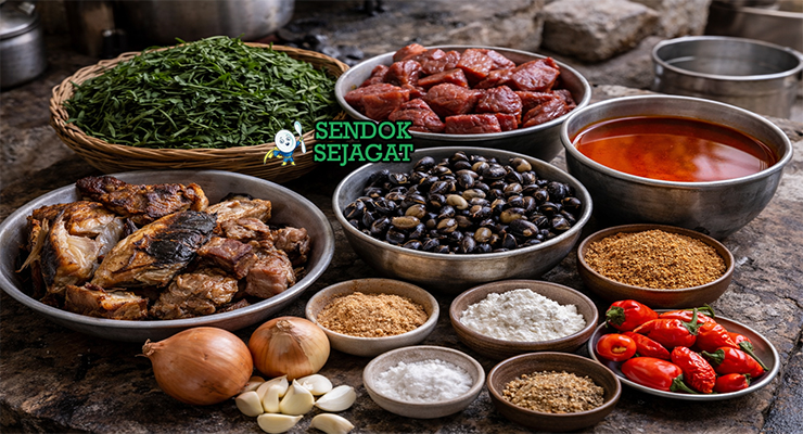 Koleksi bahan resep Okazi Soup termasuk daun okazi, daging sapi, ikan, periwinkle, crayfish, bawang, cabai, dan minyak sawit siap dimasak