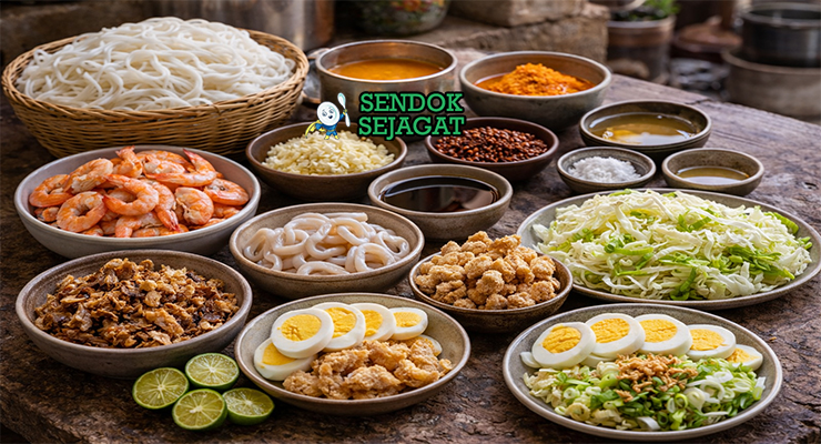 Koleksi bahan resep Pancit Malabon termasuk mi beras tebal, udang, cumi, annatto seeds, crab fat, tinapa flakes, chicharon, dan sayuran segar siap dimasak