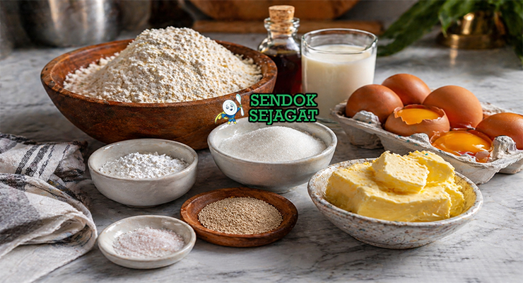 Tepung terigu protein tinggi, telur, mentega, gula, ragi, susu, dan vanilla tersusun rapi sebagai bahan utama pandoro