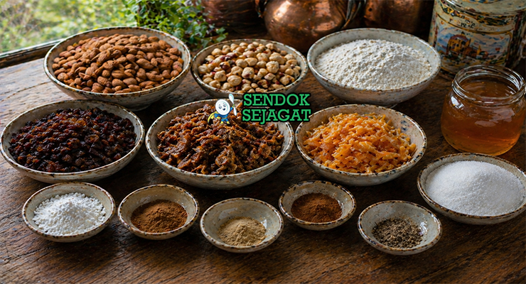 Susunan bahan panforte terdiri dari almond, hazelnut, buah kering, madu, gula, tepung, kayu manis, pala, dan kulit jeruk tersusun rapi di meja