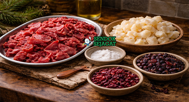 Koleksi bahan resep pemmican termasuk daging sapi tanpa lemak, tallow, cranberry kering, dan garam siap dimasak