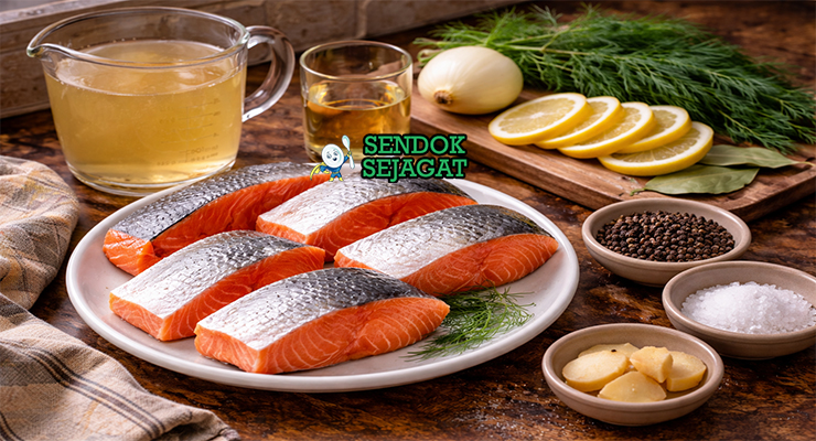 Koleksi bahan resep poached salmon termasuk fillet salmon, white wine, lemon, dill, daun salam, jahe, dan bawang bombay siap dimasak