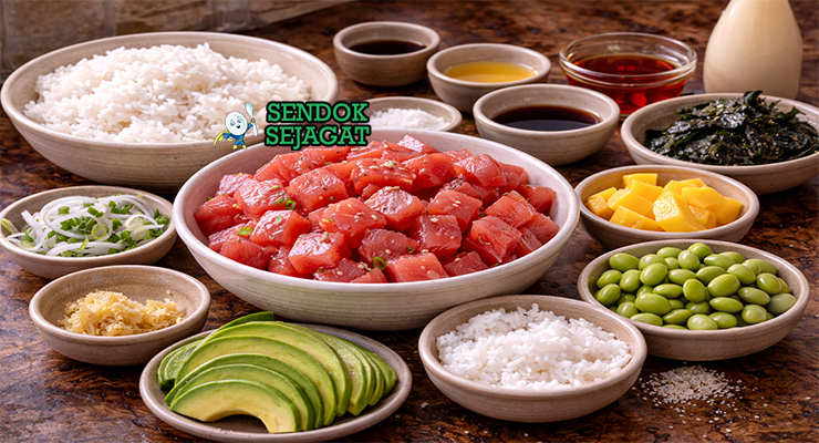 Bahan segar resep poke bowl seperti tuna sushi-grade, alpukat, edamame, mentimun, nasi sushi, kecap asin, minyak wijen, dan bawang segar siap dimasak