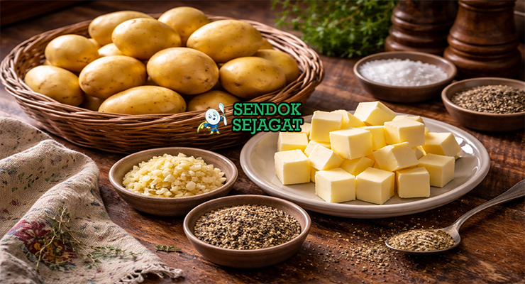 Koleksi bahan resep Pommes Anna termasuk kentang waxy, mentega tawar, bawang putih, garam, merica, dan thyme siap diiris tipis dan dipanggang