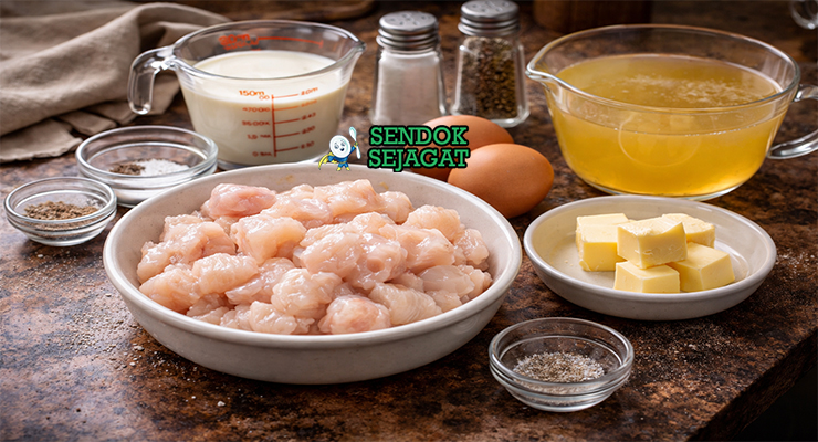 Koleksi bahan resep Quenelles de Brochet termasuk daging ikan pike, telur, krim kental, mentega, rempah, dan kaldu ikan siap dibentuk dan direbus