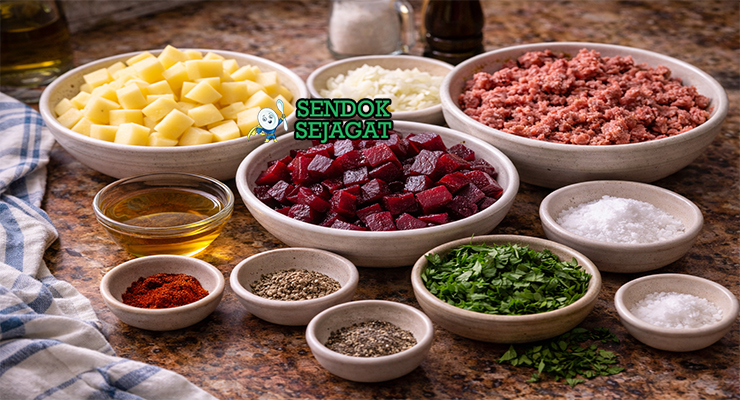 Bahan-bahan resep red flannel hash terdiri dari bit segar, kentang potong dadu, corned beef cincang, bawang bombay, bawang putih dan rempah thyme siap digoreng di dapur rumah