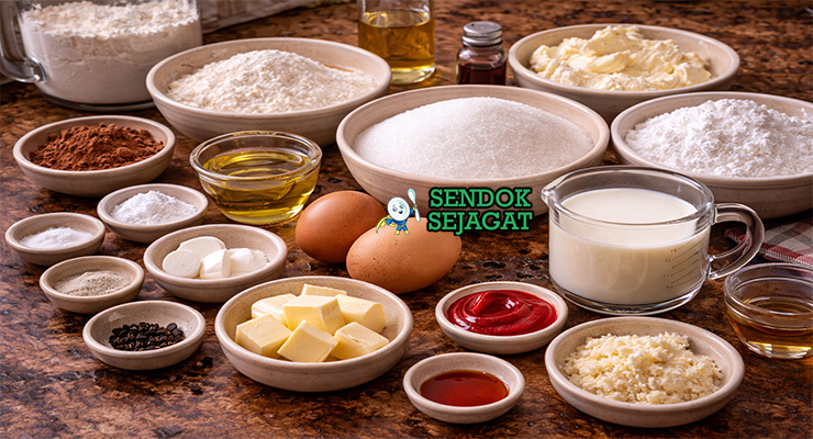 Bahan-bahan resep red velvet cake terdiri dari tepung terigu, cokelat bubuk, buttermilk, pewarna merah, cream cheese, mentega, dan gula halus siap dipanggang di dapur rumah