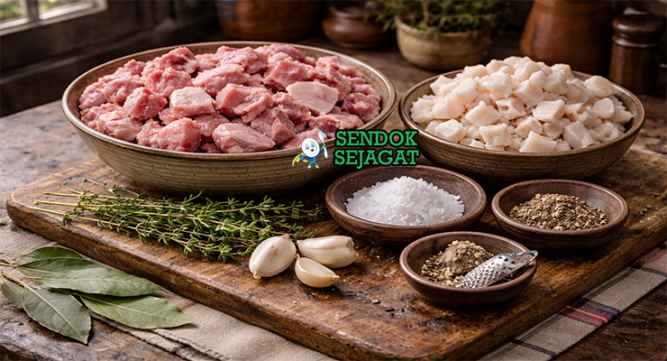 Koleksi bahan resep Rillettes du Mans termasuk daging babi bahu, lemak babi, bawang putih, thyme, daun salam, garam, merica, dan pala siap direbus lambat