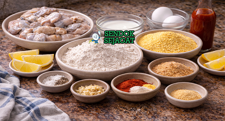 Bahan-bahan resep rocky mountain oysters terdiri dari potongan daging sapi khas, tepung terigu, tepung jagung, telur, susu dan bumbu rempah siap digoreng di dapur rumah