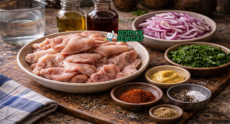 Koleksi bahan resep Salade de Museau termasuk hidung sapi, bawang merah, peterseli, cuka anggur, minyak zaitun, mustard Dijon, garam, dan merica siap direbus dan dicampur