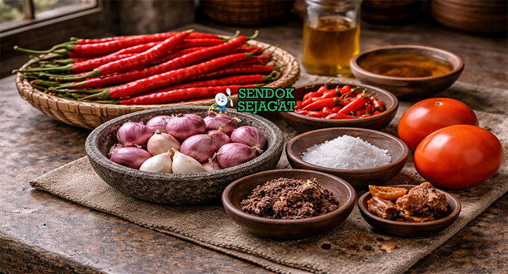 Koleksi bahan resep Sambal Cibiuk termasuk cabai merah keriting, cabai rawit, bawang merah, bawang putih, tomat, terasi, garam, dan gula merah siap ditumis dan ditumbuk