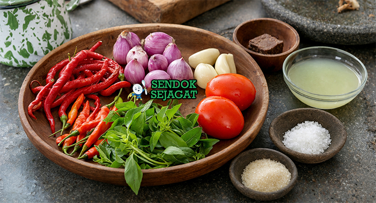 Koleksi bahan resep Sambal Colo-Colo termasuk cabai rawit, cabai merah, bawang merah, bawang putih, tomat, terasi, jeruk nipis, dan garam siap ditumbuk