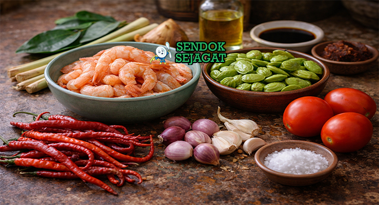 Koleksi bahan resep Sambal Goreng Udang Petai termasuk udang segar, petai, cabai merah, bawang merah, bawang putih, tomat, kecap manis, dan rempah Cirebon siap ditumis