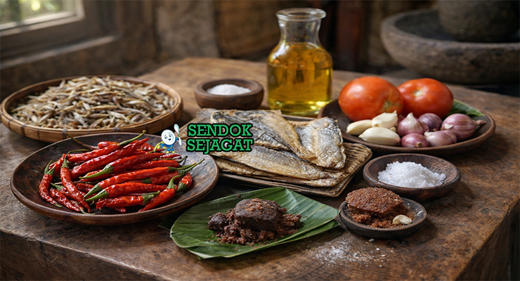 Koleksi bahan resep Sambal Teri Peda termasuk teri kering, ikan peda, cabai merah, bawang merah, bawang putih, tomat, terasi, dan gula merah siap digoreng dan ditumis