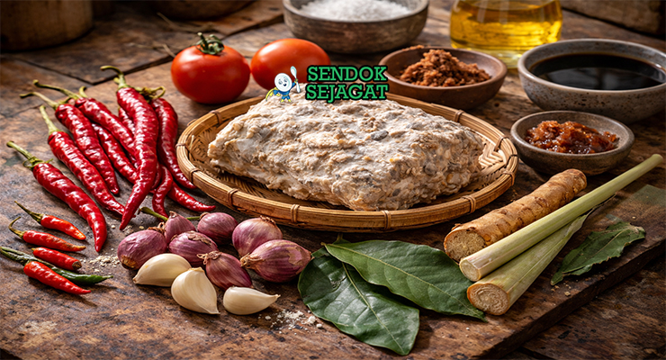 Koleksi bahan resep Sambal Tumpang termasuk tempe agak busuk, cabai merah, bawang merah, bawang putih, tomat, kecap manis, gula merah, dan rempah Jawa siap ditumis