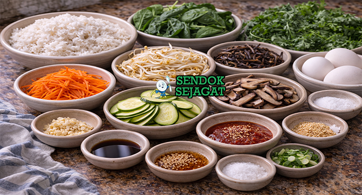 Bahan-bahan lengkap resep sanchae bibimbap khas Korea termasuk bayam segar, tauge, wortel, zucchini, gosari, jamur shiitake, dan gochujang asli
