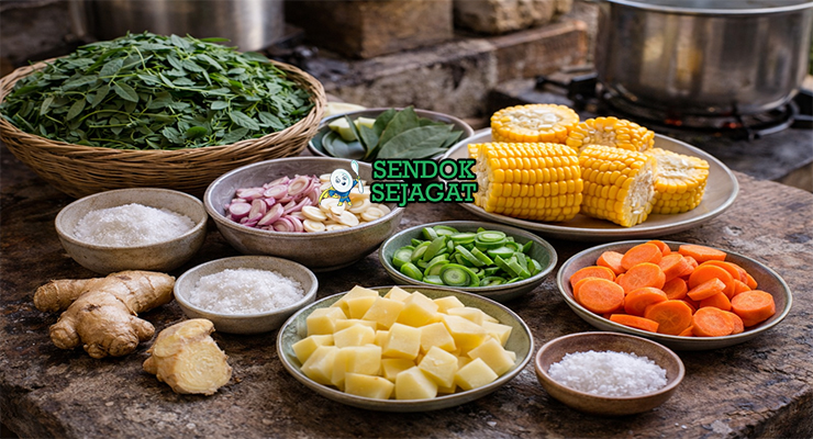 Koleksi bahan resep sayur bening kelor termasuk daun kelor muda, jagung manis, wortel, kentang, bawang merah, bawang putih, dan daun salam siap dimasak