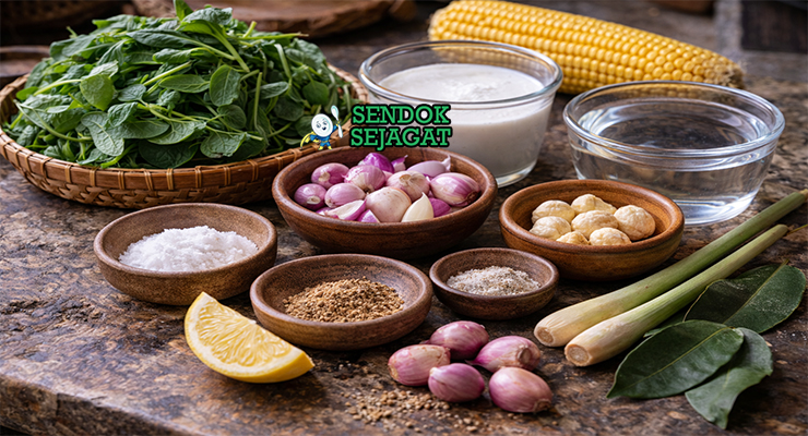 Koleksi bahan resep Sayur Bobor Bayam termasuk bayam segar, santan, bawang merah, bawang putih, kemiri, daun salam, serai, dan lengkuas siap ditumis