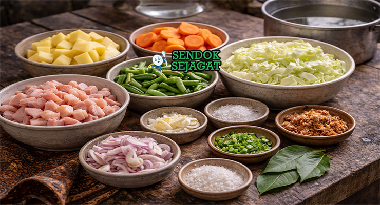 Koleksi bahan resep sayur sop bening termasuk daging sapi, wortel, kentang, buncis, kol, bawang putih, bawang merah, dan daun salam siap dimasak