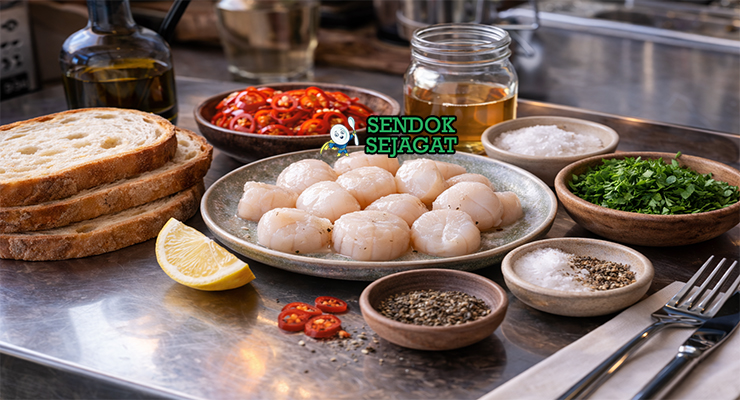 Koleksi bahan resep Scallop Toast with Pickled Chilli termasuk scallop segar, roti sourdough, cabai, cuka, gula, peterseli, dan lemon siap dipanggang dan diracik
