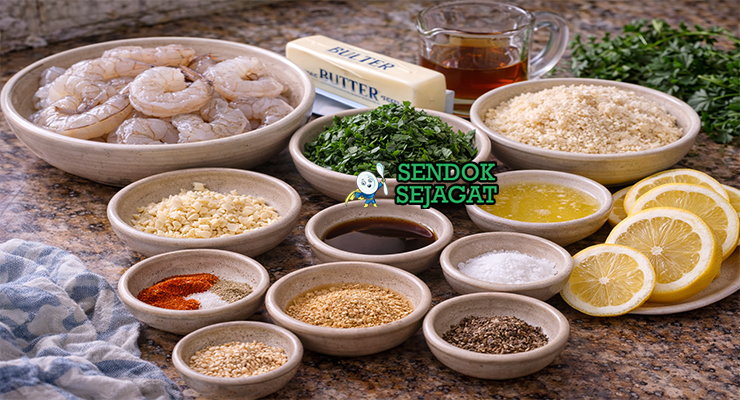 Bahan-bahan lengkap resep shrimp de jonghe khas Chicago termasuk udang besar segar, butter unsalted, bawang putih, parsley, sherry kering, dan breadcrumbs segar