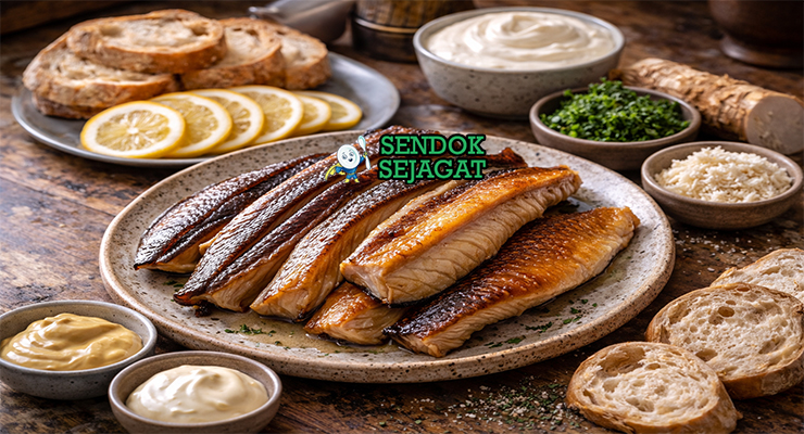 Koleksi bahan resep Smoked Eel with Horseradish termasuk smoked eel fillet, horseradish segar, krim kental, mayones, mustard Dijon, lemon, peterseli, dan roti sourdough siap disajikan