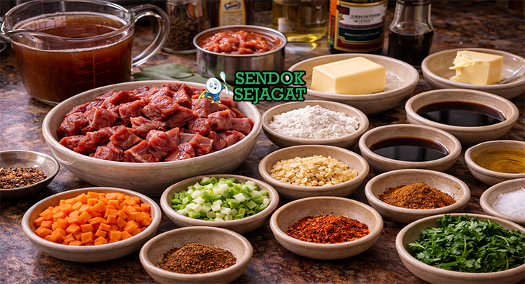 Bahan-bahan resep snapper soup tersusun rapi di meja dapur, termasuk daging sapi stew, wortel, seledri, bawang, mentega, saus tomat, dan botol sherry
