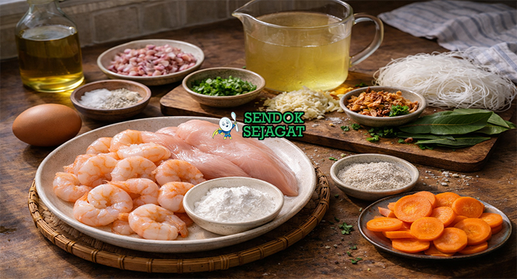Koleksi bahan resep sop bola udang termasuk udang segar, dada ayam, tepung sagu, wortel, bihun, bawang merah, bawang putih, dan daun salam siap dimasak