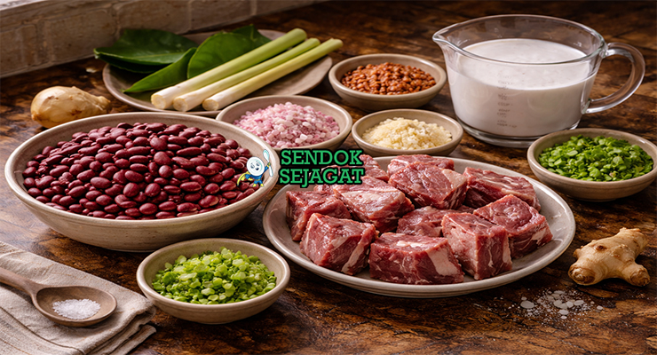 Koleksi bahan resep sop kacang merah termasuk kacang merah, iga sapi, santan, cabai rawit, serai, daun jeruk, dan bawang siap dimasak