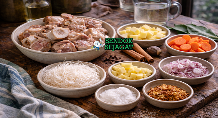 Koleksi bahan resep sop kaki kambing bening termasuk kaki kambing, wortel, kentang, soun, kayu manis, cengkeh, bawang putih, dan bawang merah siap dimasak
