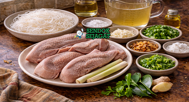 Koleksi bahan resep sop lidah sapi termasuk lidah sapi segar, bihun, bawang merah, bawang putih, serai, daun jeruk, jahe, dan rempah siap dimasak