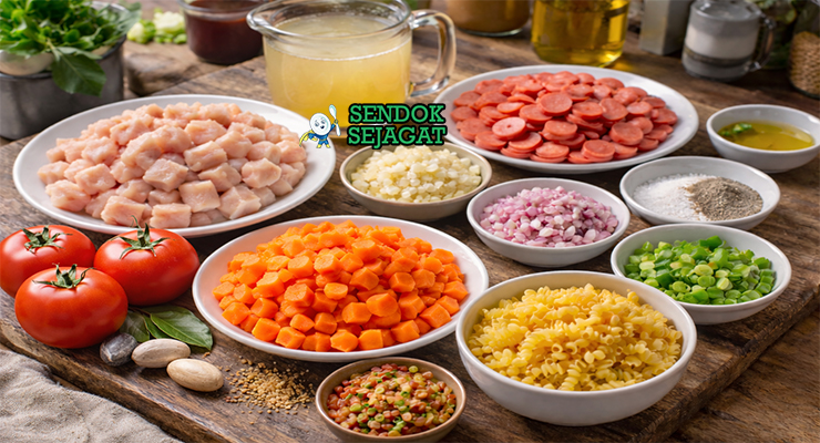 Koleksi bahan resep sop merah termasuk dada ayam, sosis merah, tomat matang, wortel, makaroni, bawang merah, bawang putih, dan daun salam siap dimasak