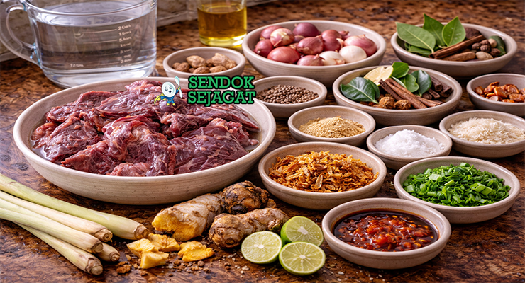Bahan-bahan segar resep sop paru sapi khas Sulawesi Selatan: potongan paru sapi, rempah lengkap, dan bumbu halus siap diolah di dapur rumahan