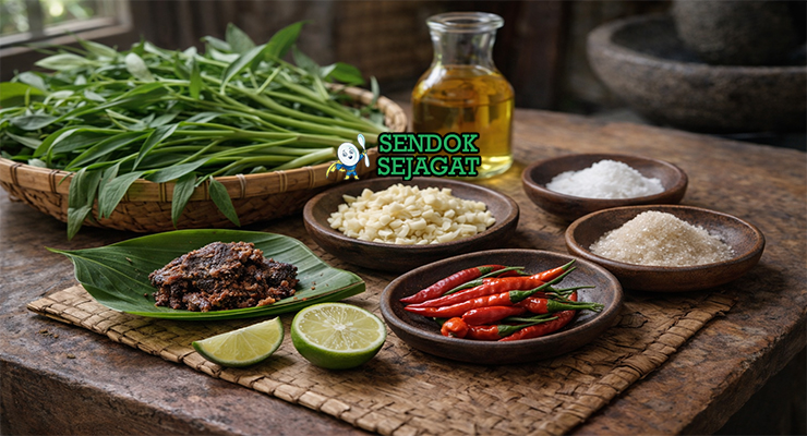 Koleksi bahan resep Stir-fried Water Spinach termasuk kangkung segar, bawang putih, cabai rawit, terasi, garam, dan minyak goreng siap ditumis cepat