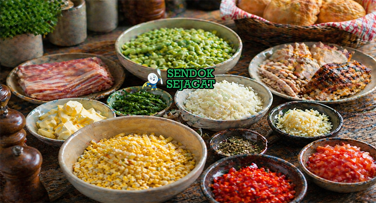 Bahan utama resep succotash seperti biji jagung, kacang lima, bawang bombay, paprika, tomat, dan mentega di meja dapur cerah